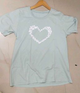 Mint Green Cotton T-Shirt with Heart Print