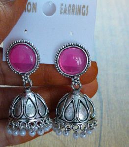 Pink Stone Oxidized Silver Jhumka Earrings