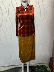 Velvet Two piece combo Of Plaid skirt dress