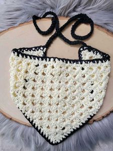 Handmade Crochet Tie Top - Cream & Black