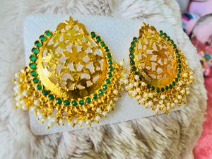 Gold & Green Jhumka Earrings