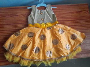 Silver And Yellow Frock For 1 Year Baby