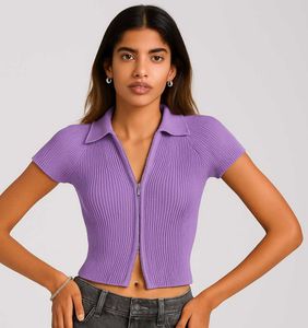 Lavender Collar Neck Short Sleeve Zipper Top