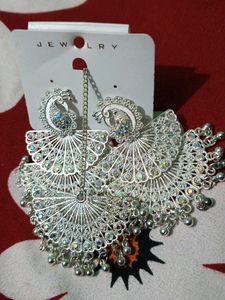 Silver Peacock Earrings Maang Tikka Set