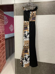 Black N Gold Printed Party Wear Strectable Gown