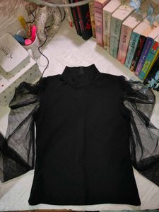Black Mock Neck Top with Mesh Sleeves