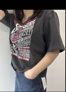 Dark grey Asymmetrical Neck Graphic Top