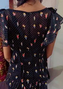 Black Ruffle Top with Fun Drink Print – For Your Q