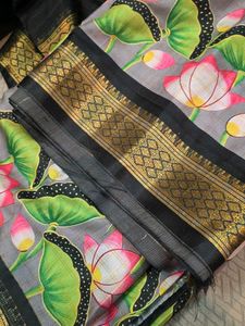 Art Silk Black Grey Handpainted Saree With Blouse
