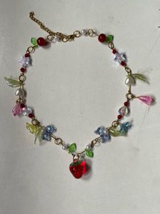 Hand Made Beaded Necklace With Strawberry Charm