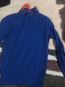 Blue Embellished Turtleneck Sweater