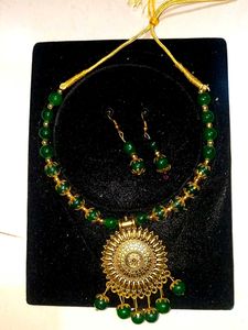 Green Beaded Necklace and Earring Set