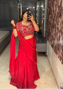 Red Embroidered pre draped saree new
