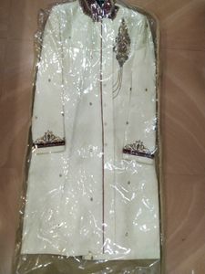 OFF WHITE GROOM SHERWANI WITH MAROON PAJAMA SET