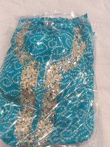 Teal Bandhani Dress Material with Gold Embroidery
