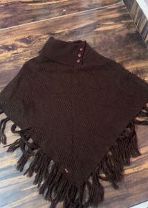 Brown Knit Poncho with Tassels