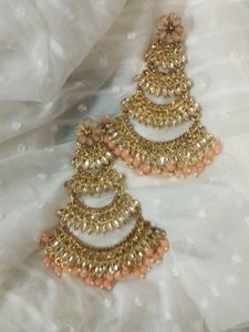 Peach  Pearls With Combination Of Golden Work,