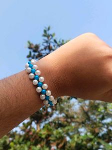 Pearl &amp; Blue Bead Bracelet