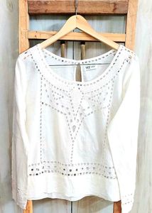 White Cutout Long Sleeve Top size-40