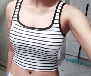 white fitted cropped tank top with black stripes