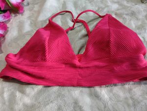 Pink Ribbed Halter Bikini Top