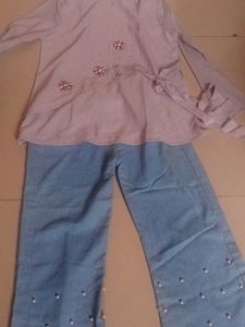 XL Size Cute Top &amp; Pearl Denim Jeans Set