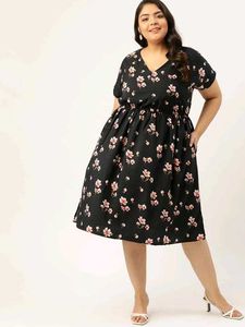 Women Plus Size Black & Pink Floral A-Line Dress