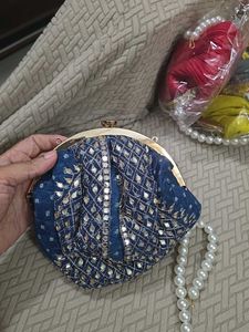 Blue Embroidery Potli Clutch With Pearl Handle