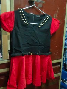 Red &amp; Black Pearl Embellished Belted Dress
