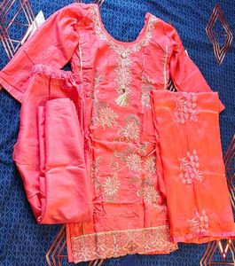 Coral Embroidered Salwar Kameez With Dupatta Set