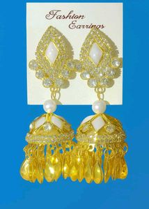 Gold Plated White Stone And Pearl Jhumka For Women