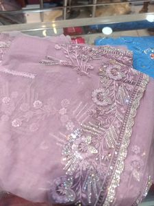 Embroidered Lavender Net Saree (Issue)