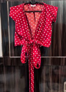 Red Polka Dot Tie-Front Crop Top
