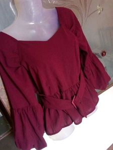 Maroon Bell Sleeve Belted Top