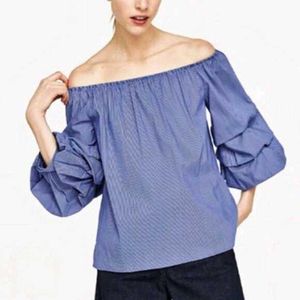 Blue Ruffle Sleeve Off-Shoulder Top