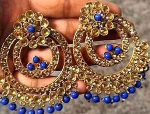 Gold & Blue Beaded Hoop Earrings