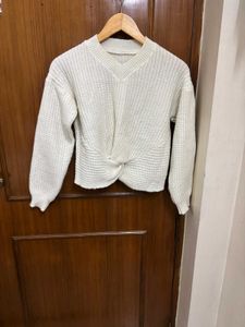 White Knit Front Twist Sweater