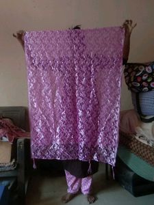 Pink Net Dupatta With Flowers In It