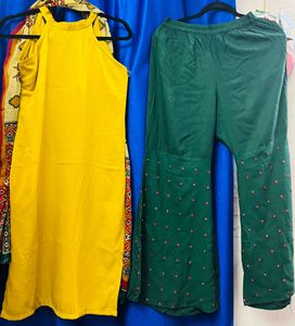 Yellow Kurti with Green Palazzos