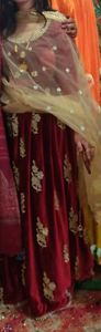 maroon valvat lehanga with full sleeves blouse work full lehanga n blouse too with golden latkan