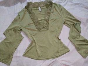 Olive Lace Detailed Plunging Neck Top