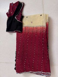 Black,Cream And Maroon Ombre Saree With Blouse