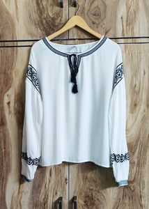 Boho Embroidered Tassel Blouse