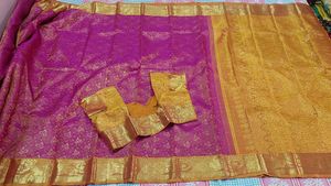 Pink &amp; Gold Saree With Stitched Blouse