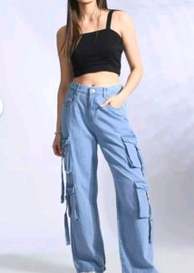 8 pocket Light Wash Denim Cargo Pants