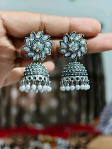 Silver Stoned Jhumka Earrings