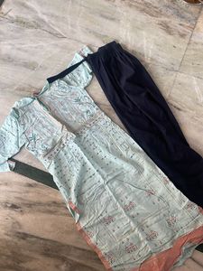 Mint Green &amp; Navy Printed Kurti Set