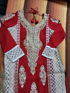 Partywear Women Red Fully Embroidered Suit Set