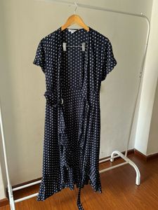 V-neck Blue Dot Wrap Cotton MIDI Dress