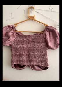 Purple Satin Puff Sleeve Crop Top